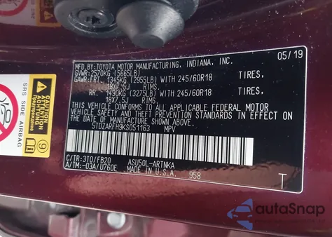 2019 Toyota Highlander Le z USA, uszkodzony, nr VIN 5TDZARFH9KS051163